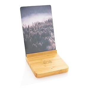 Bambusová bezdrátová nabíječka s fotorámečkem 5W, středně hnědá - reklamní předměty