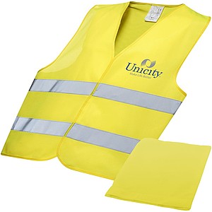 Bezpečnostní vesta v obalu, fluorescenční žlutá - reflexní vesta s potiskem