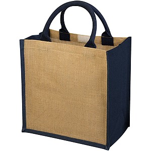 Jutová nákupní taška s bavlněnými uchy, přírodní/nám. modrá - taška s vlastním potiskem