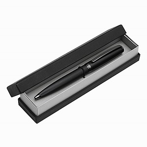 Kovové kuličkové pero s otočným mechanismem, matný povrch, lesklý klip, modrý inkoust, v dárkové krabičce, černé - propisky s potiskem