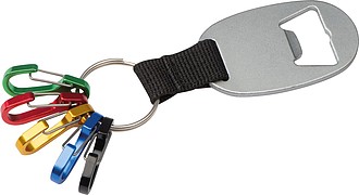 Přívěšek na klíče s otvírákem a 5 barevnými karabinkami - klíčenky s potiskem