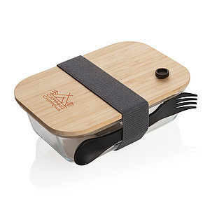 Skleněná krabička na jídlo s bambusovým víkem, transparentní - reklamní předměty