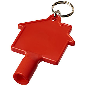 Trojúhelníkový klíč s kroužkem na klíče a štítkem ve tvaru domu, červený - reklamní předměty